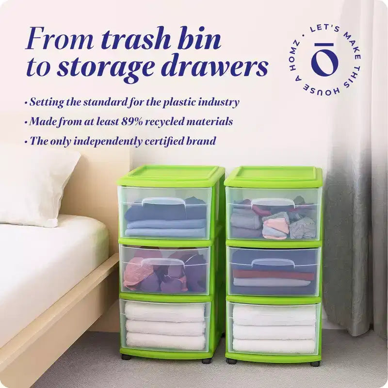 Homz 3 Drawer Medium Storage Container Tower, Clear Drawers/Lime Frame (2 Pack)