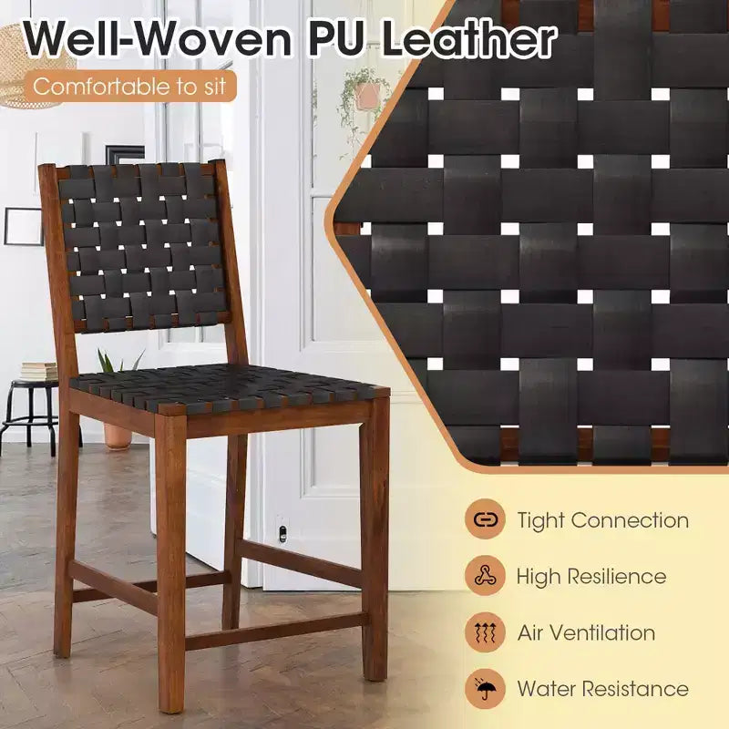 Costway Woven Bar Stools Set of 2 Counter Height Dining Chairs Faux PU Leather Kitchen