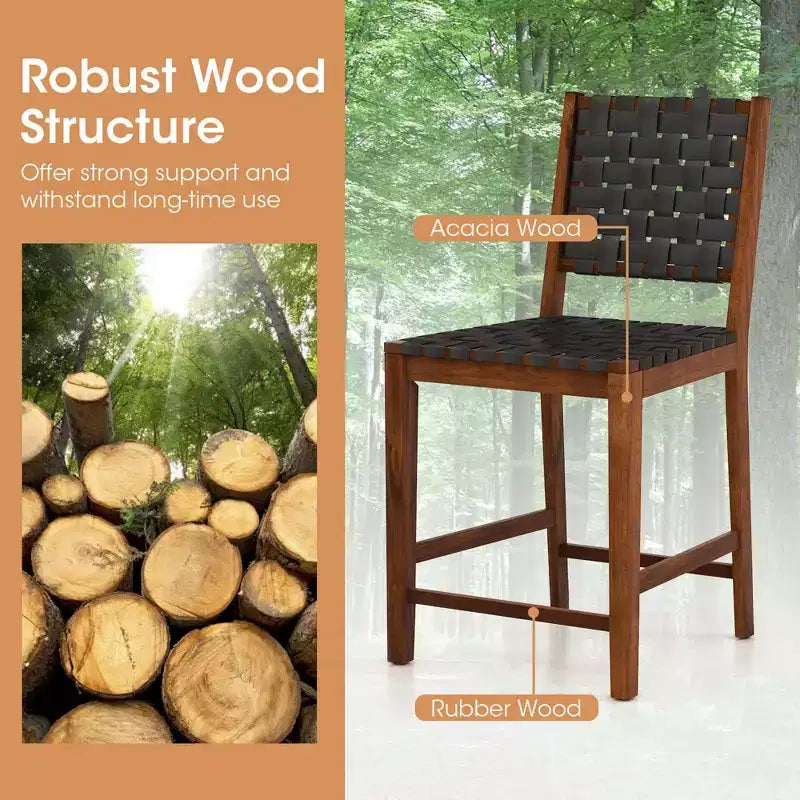 Costway Woven Bar Stools Set of 2 Counter Height Dining Chairs Faux PU Leather Kitchen
