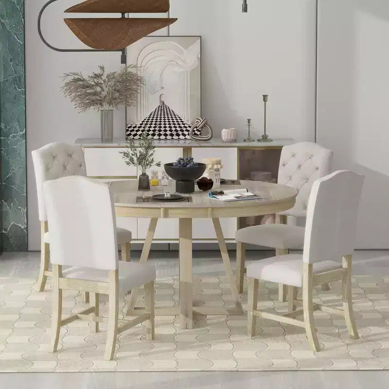 5-Piece Vintage Functional Dining Set, Round Table with 16 Wide Leaf and 4 Upholstered Chairs - ModernLuxe