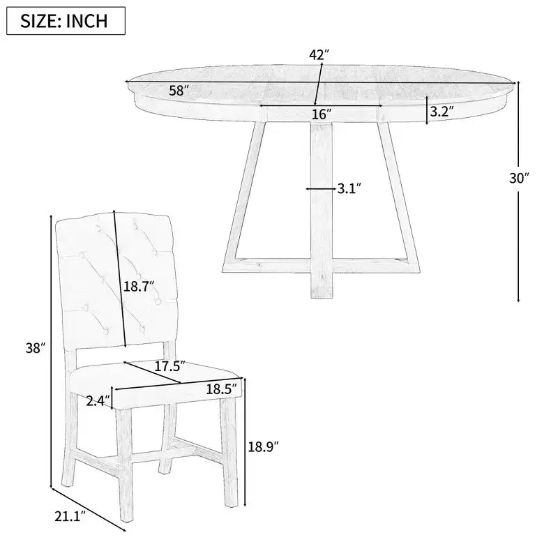 5-Piece Vintage Functional Dining Set, Round Table with 16 Wide Leaf and 4 Upholstered Chairs - ModernLuxe