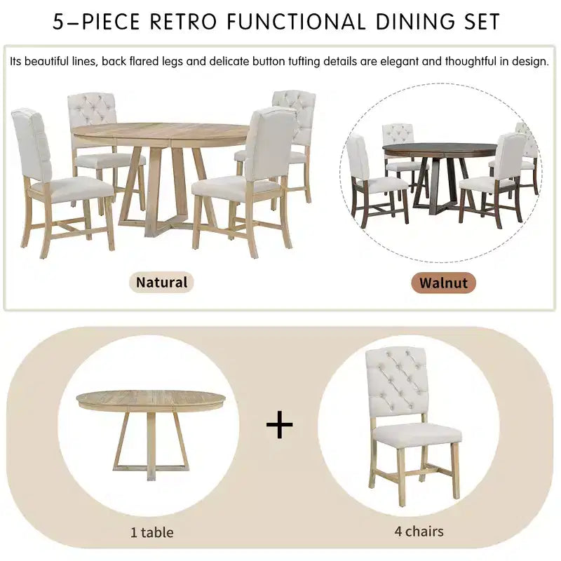 5-Piece Vintage Functional Dining Set, Round Table with 16 Wide Leaf and 4 Upholstered Chairs - ModernLuxe