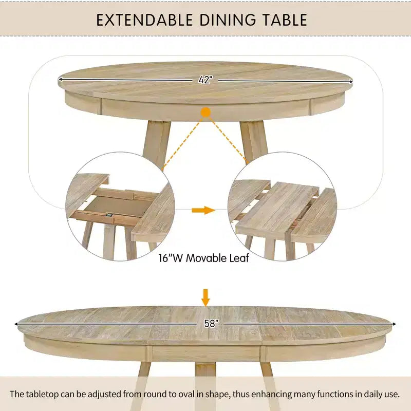 5-Piece Vintage Functional Dining Set, Round Table with 16 Wide Leaf and 4 Upholstered Chairs - ModernLuxe
