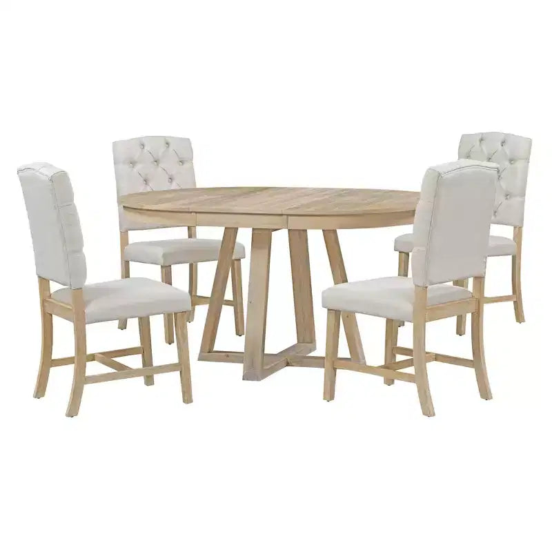 5-Piece Vintage Functional Dining Set, Round Table with 16 Wide Leaf and 4 Upholstered Chairs - ModernLuxe
