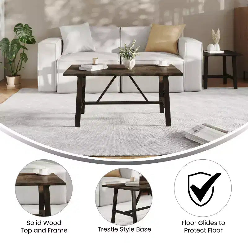 Flash Furniture Eli Solid Wood Farmhouse Coffee Table, Trestle Style Accent Table