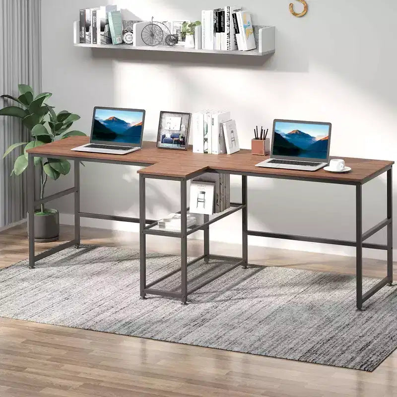 HOMCOM 83 Two Person Computer Desk with 2 Storage Shelves, Double Desk Workstation with Book Shelf, Long Desk Table for Home Office