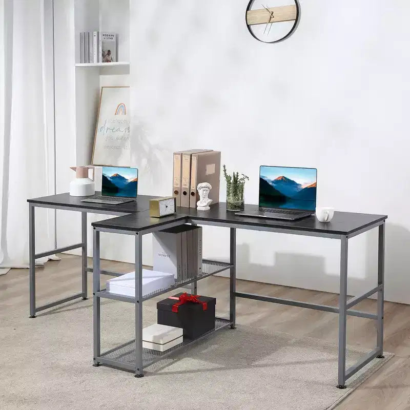 HOMCOM 83 Two Person Computer Desk with 2 Storage Shelves, Double Desk Workstation with Book Shelf, Long Desk Table for Home Office