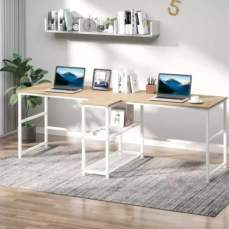 HOMCOM 83 Two Person Computer Desk with 2 Storage Shelves, Double Desk Workstation with Book Shelf, Long Desk Table for Home Office