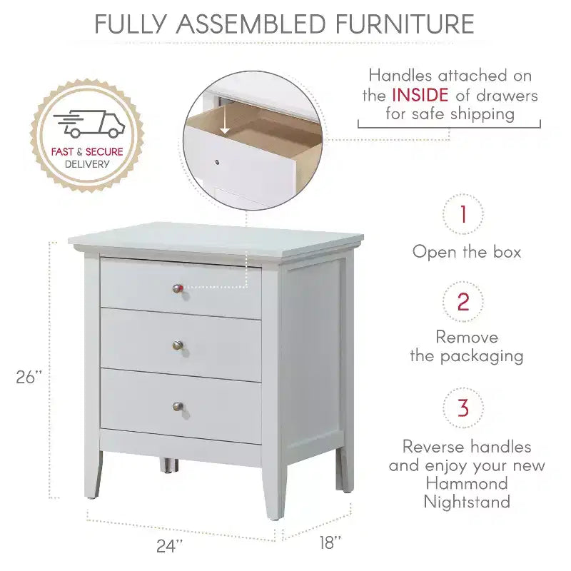 Passion Furniture Hammond 3-Drawer White Nightstand (26 in. H x 24 in. W x 18 in. D)