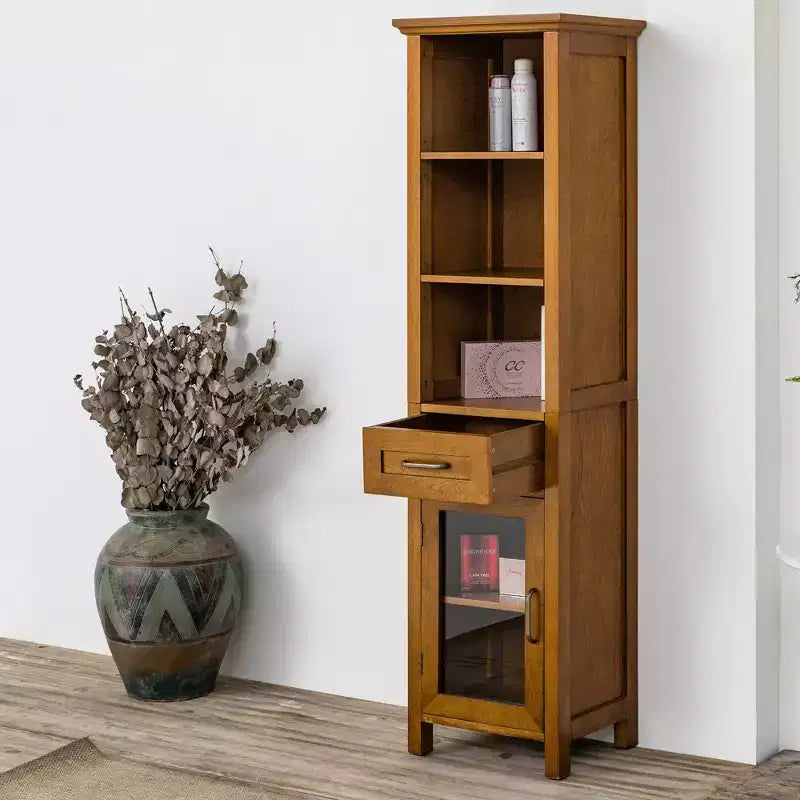 Teamson Home Avery Freestanding Linen Cabinet with Glass Doors, Drawer & Shelves
