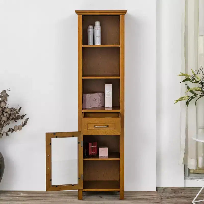 Teamson Home Avery Freestanding Linen Cabinet with Glass Doors, Drawer & Shelves