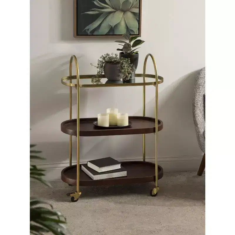 Kate and Laurel Maxfield Oval Wood Bar Cart, 26x13x36, Walnut Brown and Gold