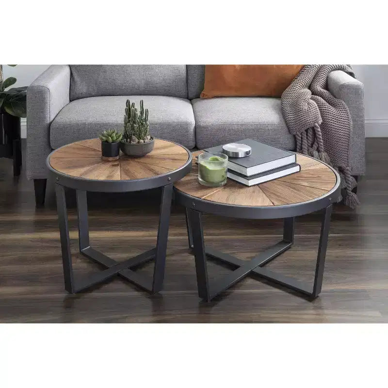 Kate and Laurel Gerhardt Round Metal Coffee Table, 24x24x15.5, Rustic Brown and Black