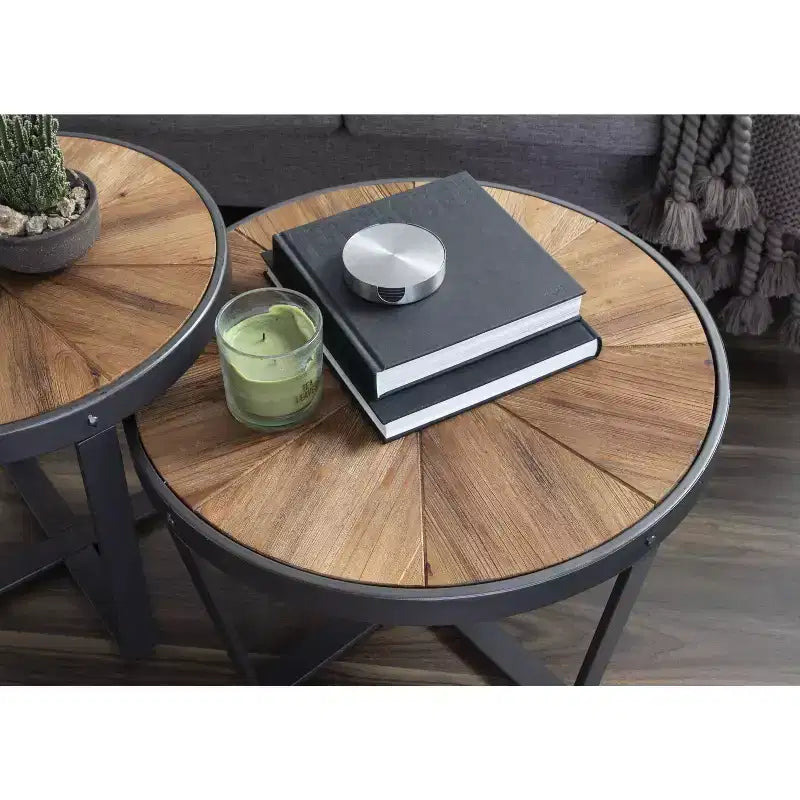 Kate and Laurel Gerhardt Round Metal Coffee Table, 24x24x15.5, Rustic Brown and Black