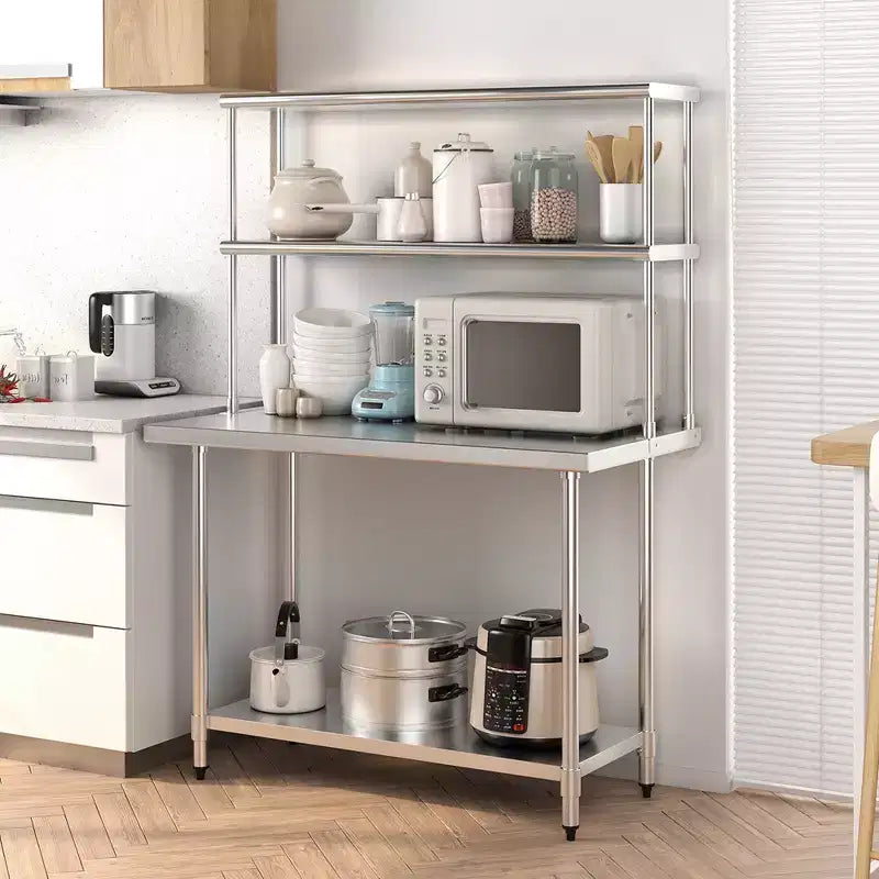 Costway Stainless Steel Table with Overshelves, 48'' X 24'' Work Table with 48'' X 12'' Shelf
