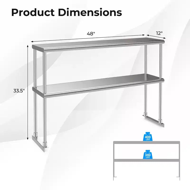Costway Stainless Steel Table with Overshelves, 48'' X 24'' Work Table with 48'' X 12'' Shelf