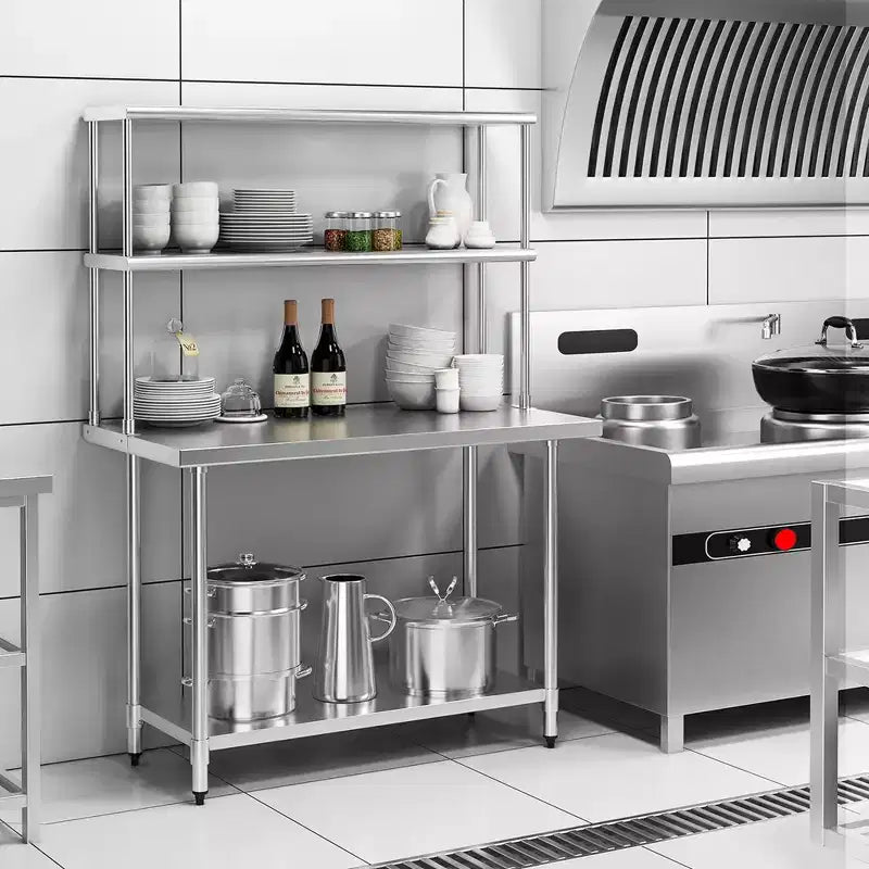 Costway Stainless Steel Table with Overshelves, 48'' X 24'' Work Table with 48'' X 12'' Shelf