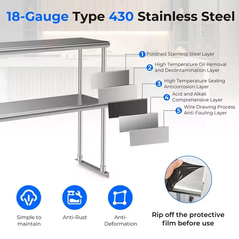 Costway Stainless Steel Table with Overshelves, 48'' X 24'' Work Table with 48'' X 12'' Shelf