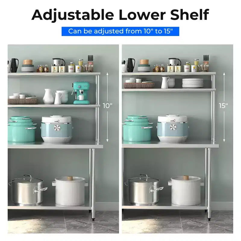 Costway Stainless Steel Table with Overshelves, 48'' X 24'' Work Table with 48'' X 12'' Shelf