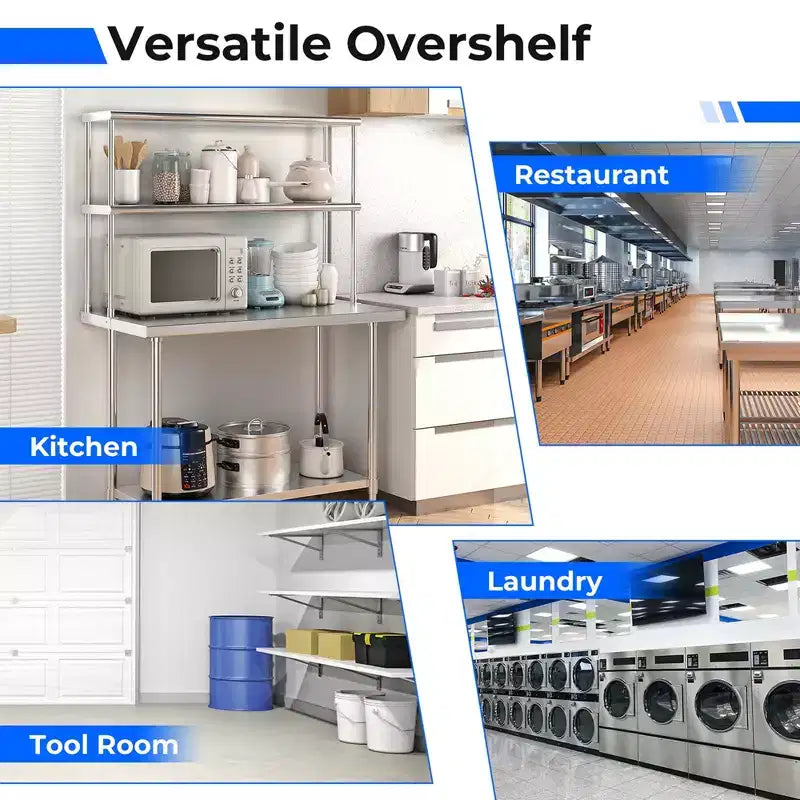 Costway Stainless Steel Table with Overshelves, 48'' X 24'' Work Table with 48'' X 12'' Shelf