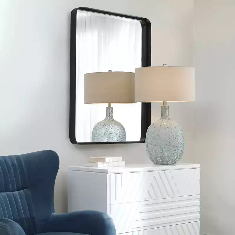 Uttermost Rectangular Vanity Decorative Wall Mirror Modern Beveled Satin Black Iron Frame 30 Wide Bathroom Bedroom Living Room