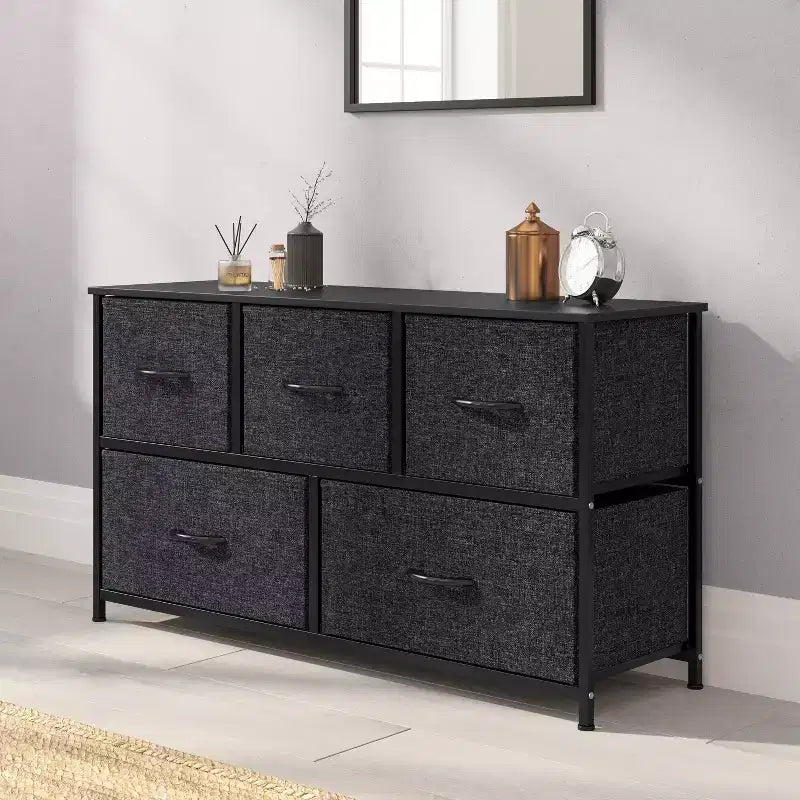 Emma and Oliver 5 Drawer Storage Dresser with Cast Iron Frame, Wood Top and Easy Pull Fabric Drawers with Wooden Handles