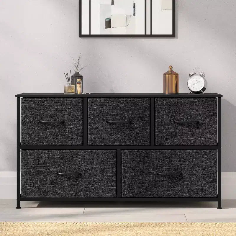 Emma and Oliver 5 Drawer Storage Dresser with Cast Iron Frame, Wood Top and Easy Pull Fabric Drawers with Wooden Handles