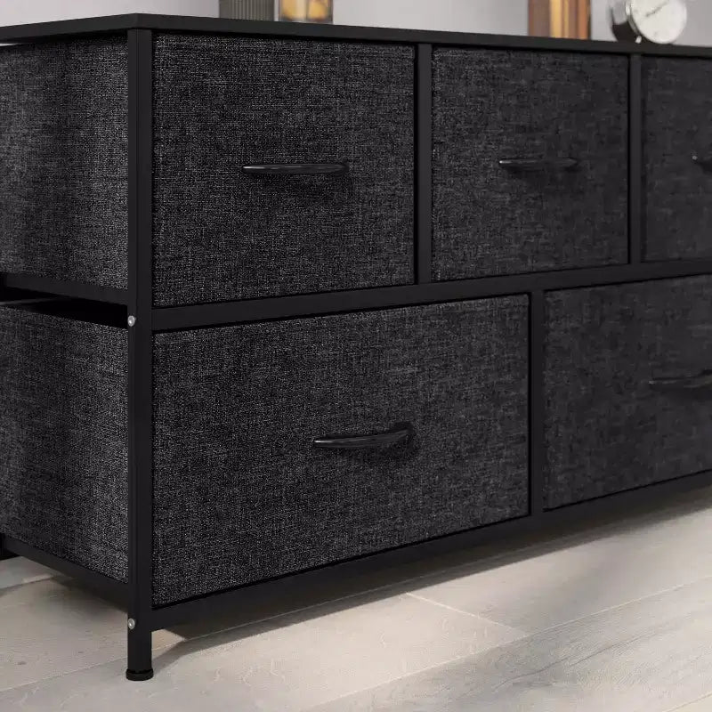 Emma and Oliver 5 Drawer Storage Dresser with Cast Iron Frame, Wood Top and Easy Pull Fabric Drawers with Wooden Handles