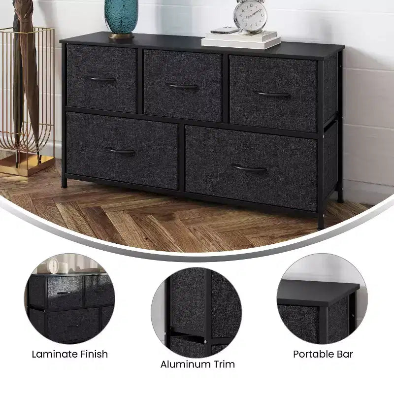 Emma and Oliver 5 Drawer Storage Dresser with Cast Iron Frame, Wood Top and Easy Pull Fabric Drawers with Wooden Handles