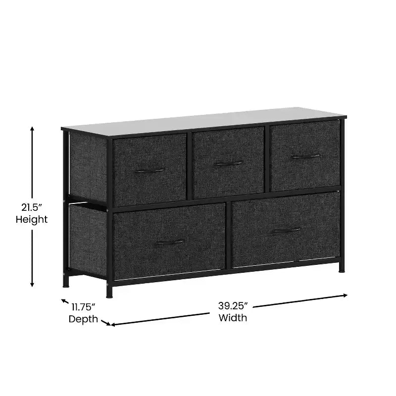Emma and Oliver 5 Drawer Storage Dresser with Cast Iron Frame, Wood Top and Easy Pull Fabric Drawers with Wooden Handles