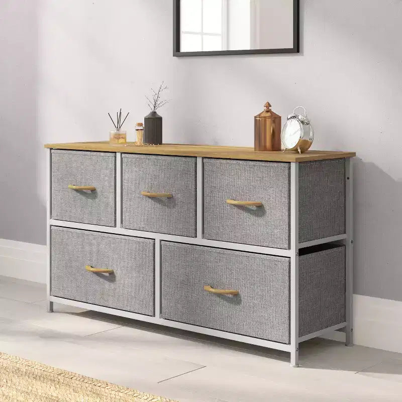 Emma and Oliver 5 Drawer Storage Dresser with Cast Iron Frame, Wood Top and Easy Pull Fabric Drawers with Wooden Handles