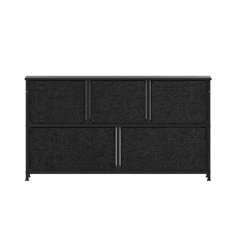 Emma and Oliver 5 Drawer Storage Dresser with Cast Iron Frame, Wood Top and Easy Pull Fabric Drawers with Wooden Handles