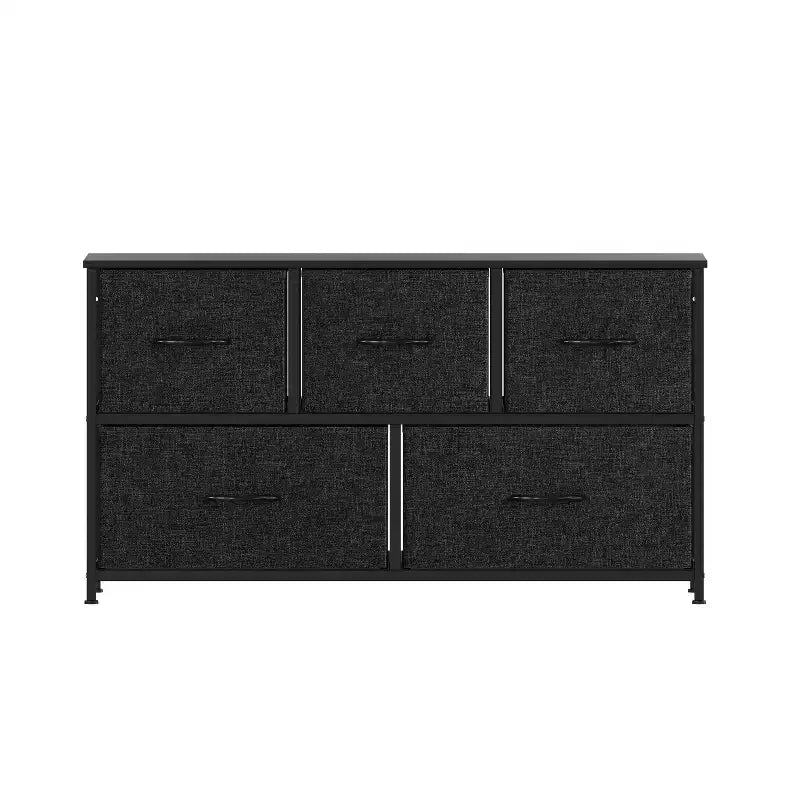 Emma and Oliver 5 Drawer Storage Dresser with Cast Iron Frame, Wood Top and Easy Pull Fabric Drawers with Wooden Handles