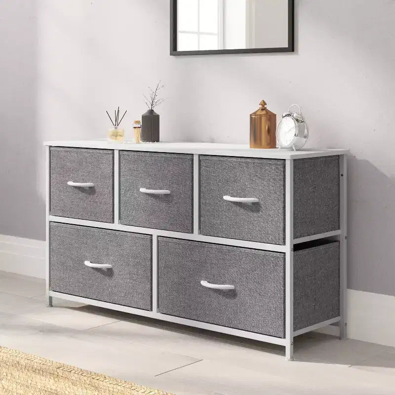 Emma and Oliver 5 Drawer Storage Dresser with Cast Iron Frame, Wood Top and Easy Pull Fabric Drawers with Wooden Handles