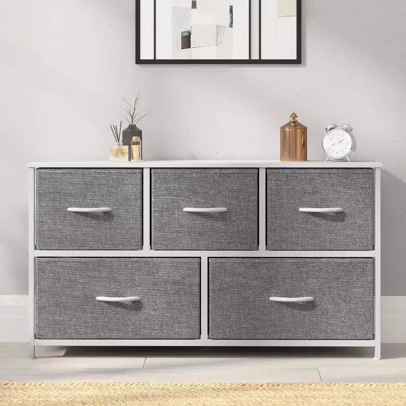 Emma and Oliver 5 Drawer Storage Dresser with Cast Iron Frame, Wood Top and Easy Pull Fabric Drawers with Wooden Handles