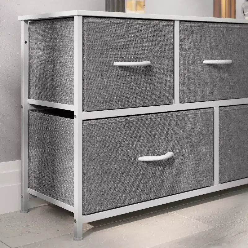 Emma and Oliver 5 Drawer Storage Dresser with Cast Iron Frame, Wood Top and Easy Pull Fabric Drawers with Wooden Handles