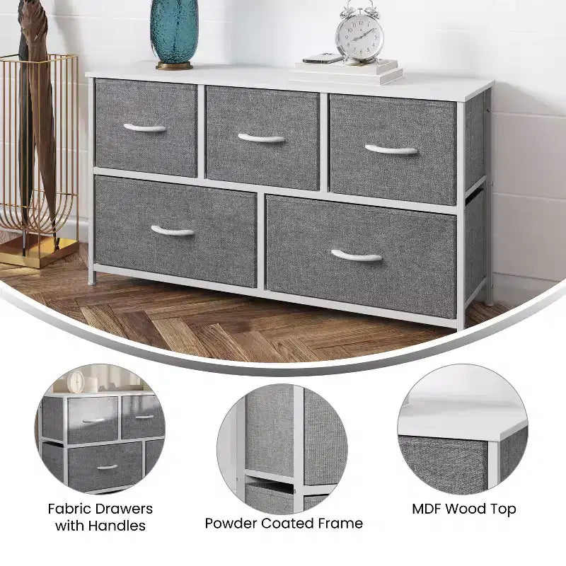 Emma and Oliver 5 Drawer Storage Dresser with Cast Iron Frame, Wood Top and Easy Pull Fabric Drawers with Wooden Handles