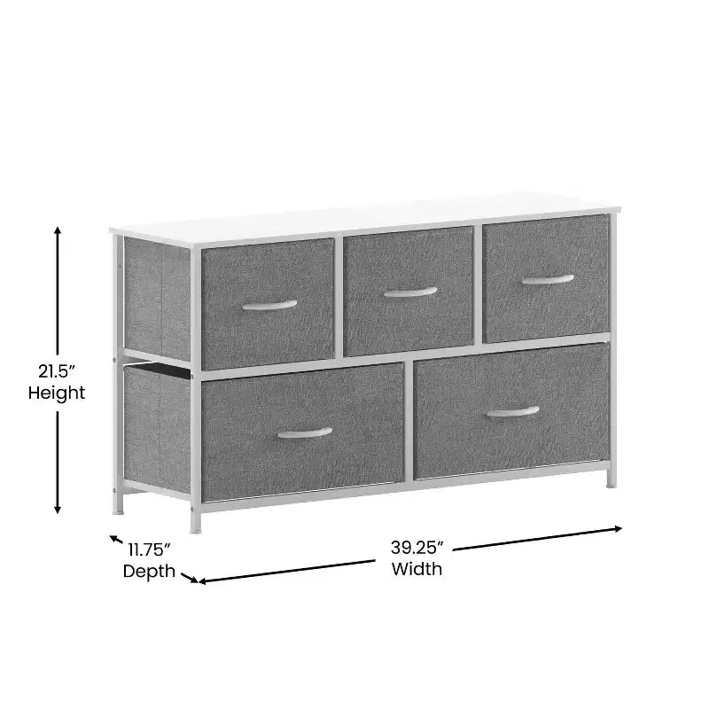 Emma and Oliver 5 Drawer Storage Dresser with Cast Iron Frame, Wood Top and Easy Pull Fabric Drawers with Wooden Handles