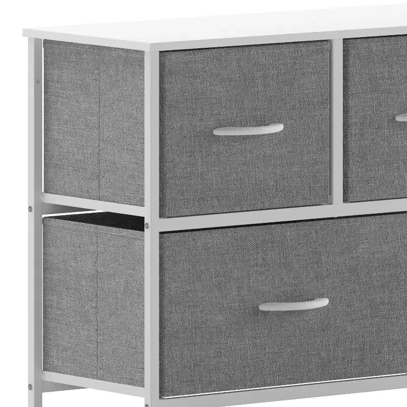 Emma and Oliver 5 Drawer Storage Dresser with Cast Iron Frame, Wood Top and Easy Pull Fabric Drawers with Wooden Handles
