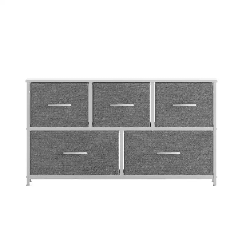Emma and Oliver 5 Drawer Storage Dresser with Cast Iron Frame, Wood Top and Easy Pull Fabric Drawers with Wooden Handles