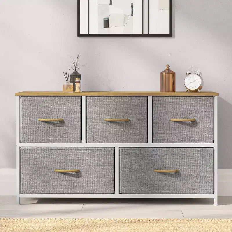 Emma and Oliver 5 Drawer Storage Dresser with Cast Iron Frame, Wood Top and Easy Pull Fabric Drawers with Wooden Handles