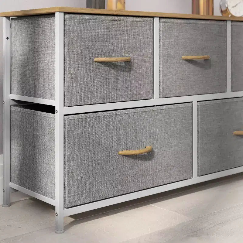 Emma and Oliver 5 Drawer Storage Dresser with Cast Iron Frame, Wood Top and Easy Pull Fabric Drawers with Wooden Handles