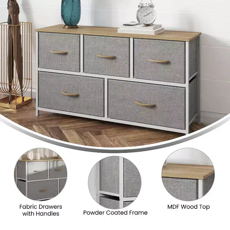 Emma and Oliver 5 Drawer Storage Dresser with Cast Iron Frame, Wood Top and Easy Pull Fabric Drawers with Wooden Handles