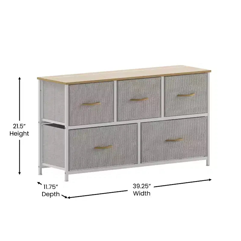 Emma and Oliver 5 Drawer Storage Dresser with Cast Iron Frame, Wood Top and Easy Pull Fabric Drawers with Wooden Handles