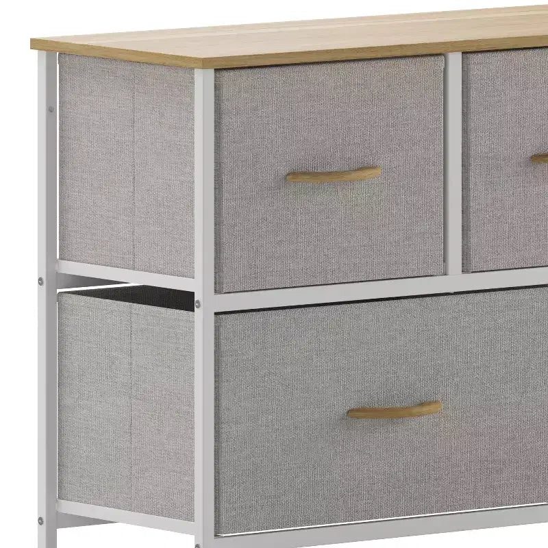 Emma and Oliver 5 Drawer Storage Dresser with Cast Iron Frame, Wood Top and Easy Pull Fabric Drawers with Wooden Handles