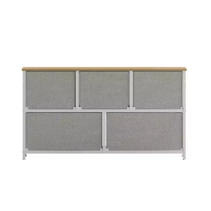 Emma and Oliver 5 Drawer Storage Dresser with Cast Iron Frame, Wood Top and Easy Pull Fabric Drawers with Wooden Handles