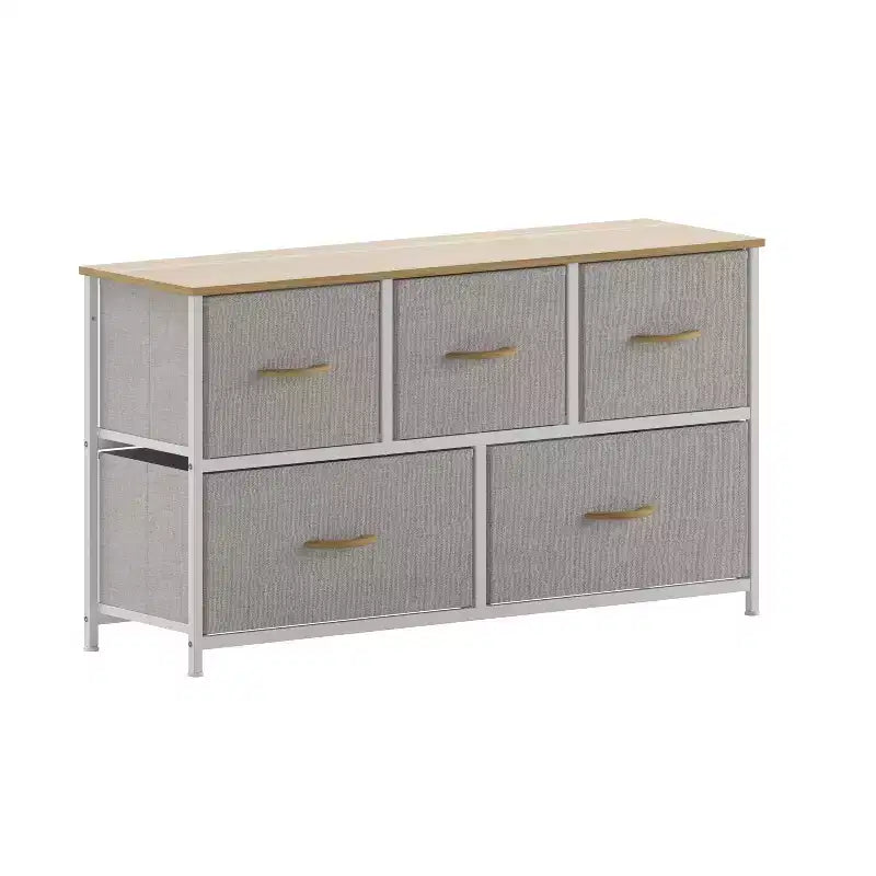 Emma and Oliver 5 Drawer Storage Dresser with Cast Iron Frame, Wood Top and Easy Pull Fabric Drawers with Wooden Handles