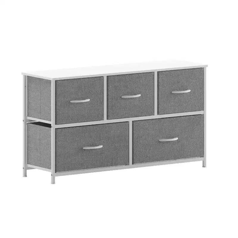 Commode de rangement à 5 tiroirs Emma and Oliver avec cadre en fonte, plateau en bois et tiroirs en tissu faciles à tirer avec poignées en bois