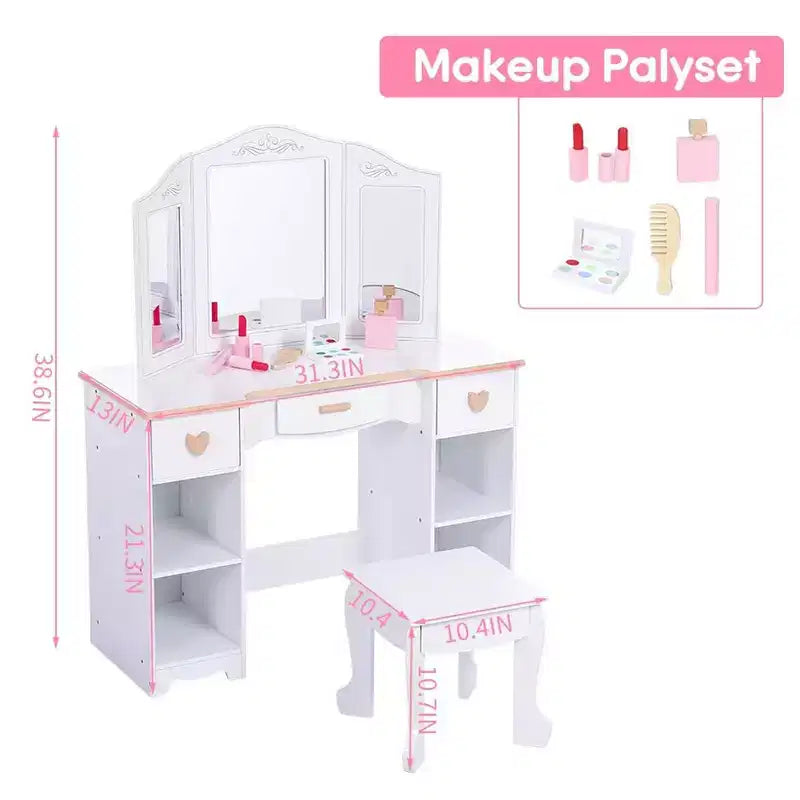 Kids Vanity Set with Mirror and Stool, Wooden Girls Makeup Playset, Princess Vanity Table for Kids, Toddlers, White