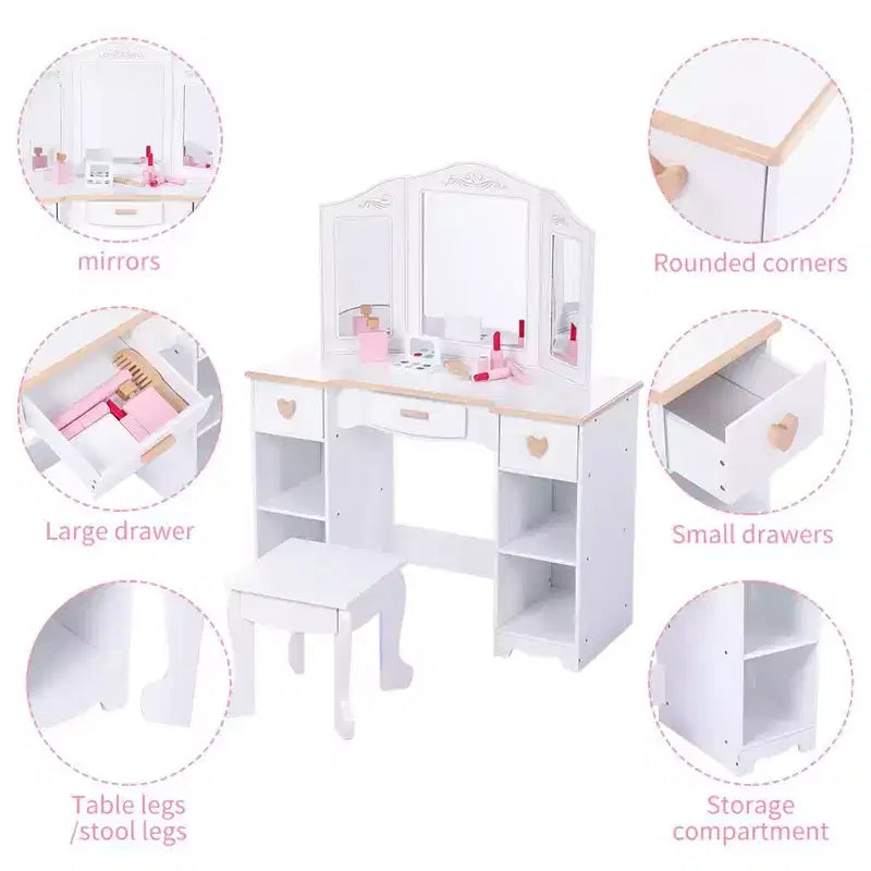 Kids Vanity Set with Mirror and Stool, Wooden Girls Makeup Playset, Princess Vanity Table for Kids, Toddlers, White